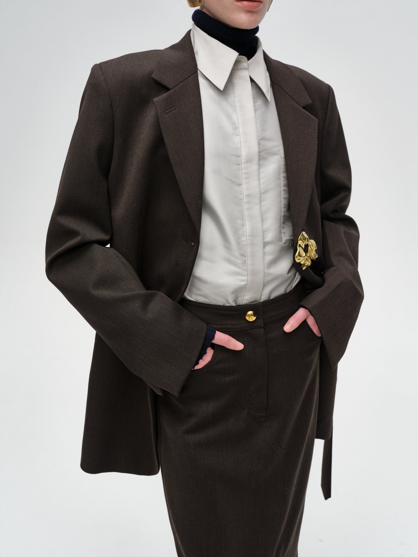 Wool Jacket with One Golden Brooch Dark Brown