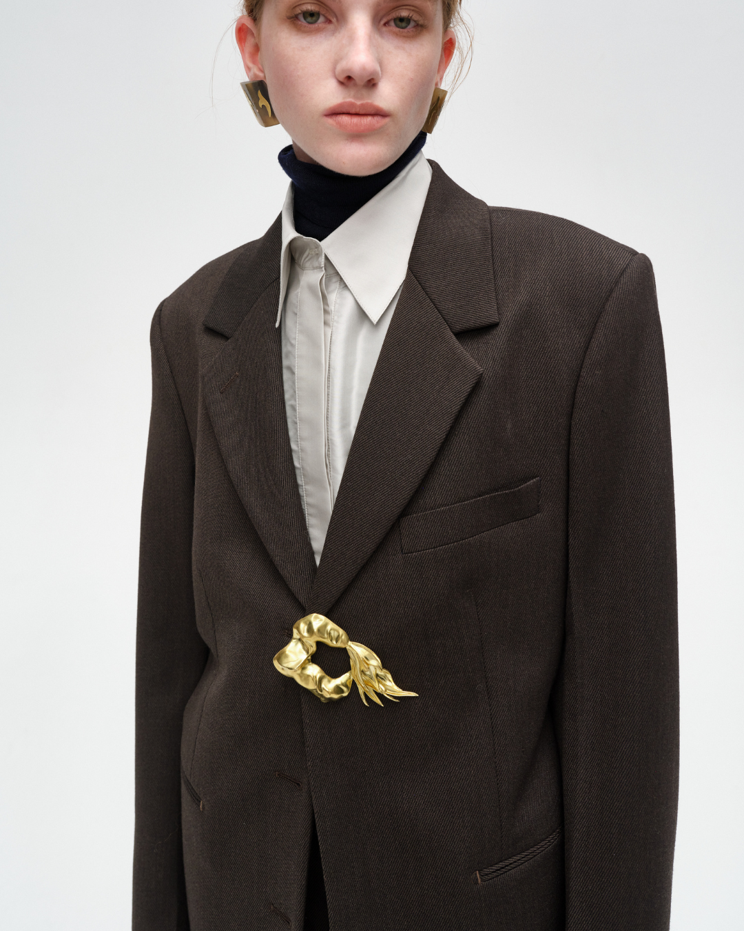 Wool Jacket with One Golden Brooch Dark Brown