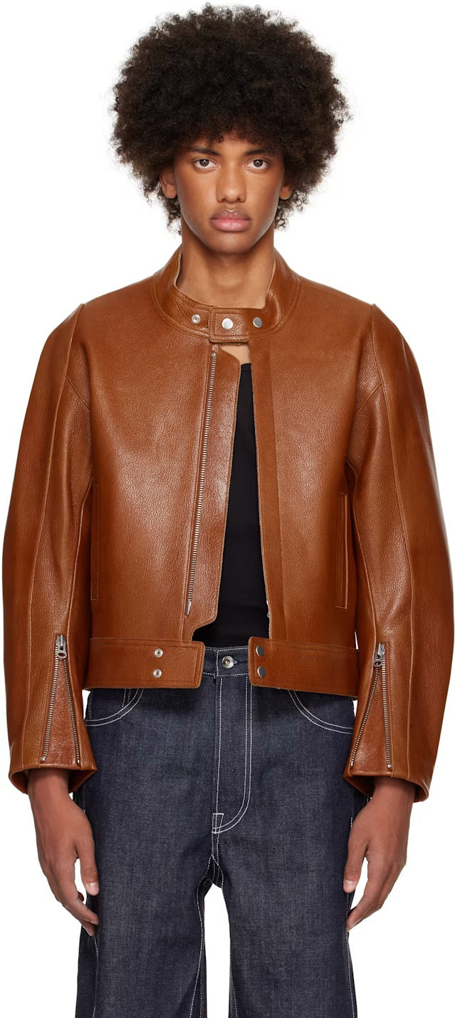 Brown 2-way Pocket Biker Leather Jacket