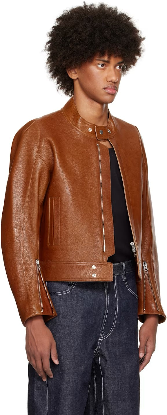 Brown 2-way Pocket Biker Leather Jacket