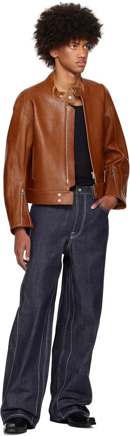 Brown 2-way Pocket Biker Leather Jacket