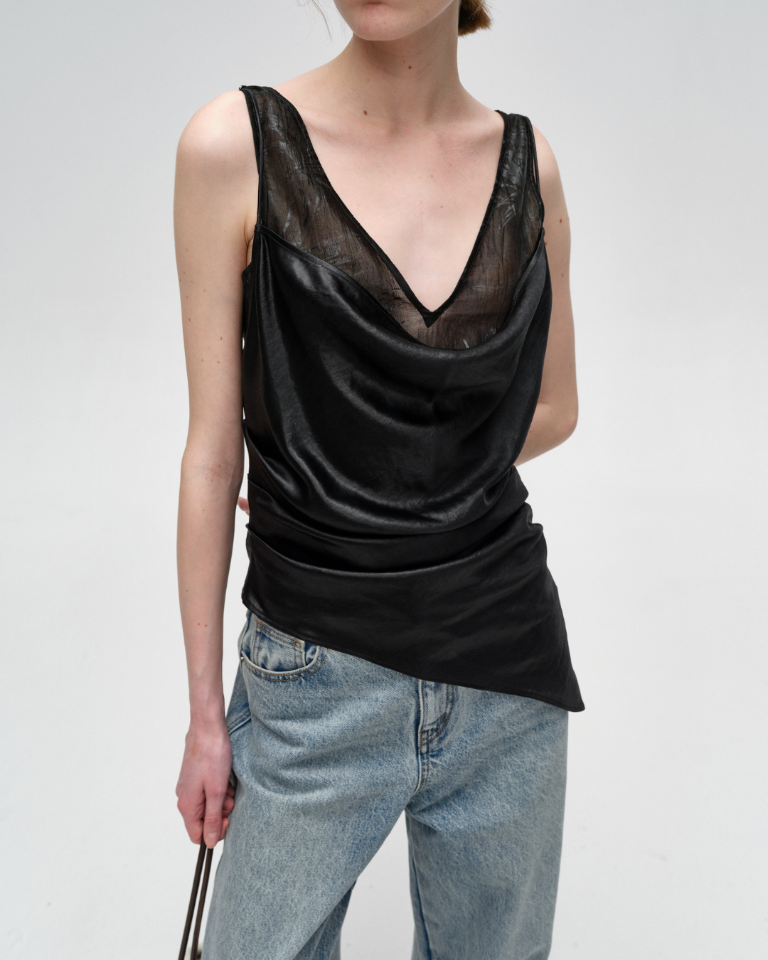 Double Layer Effect Shiny Satin Tank Top BLACK