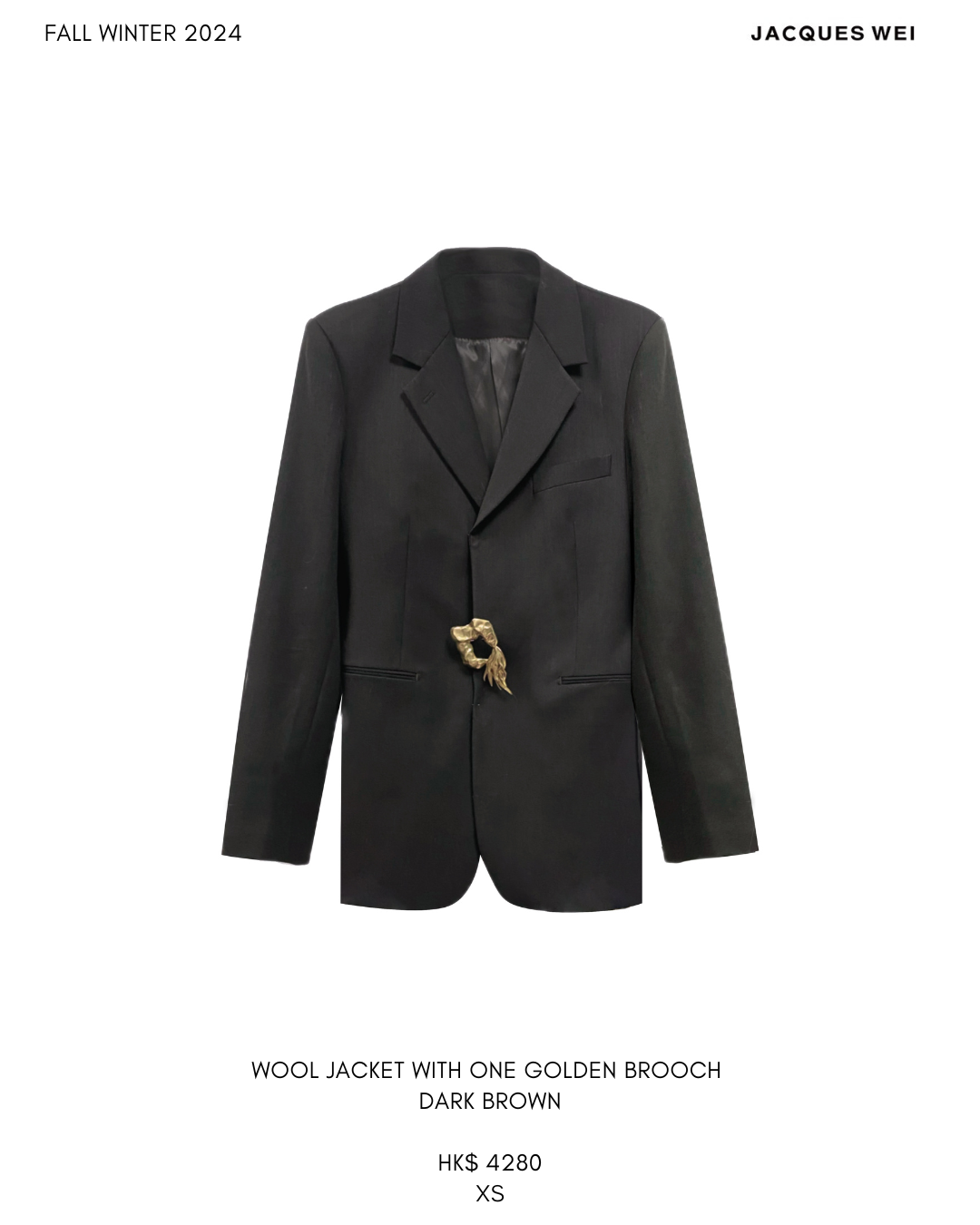 Wool Jacket with One Golden Brooch  Dark Brown