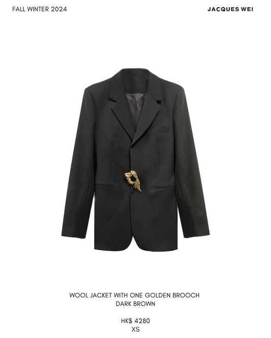 Wool Jacket with One Golden Brooch  Dark Brown