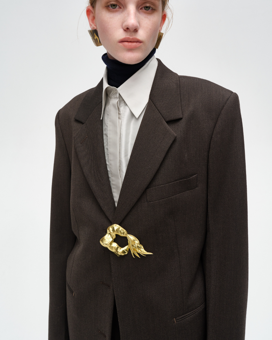 Wool Jacket with One Golden Brooch  Dark Brown