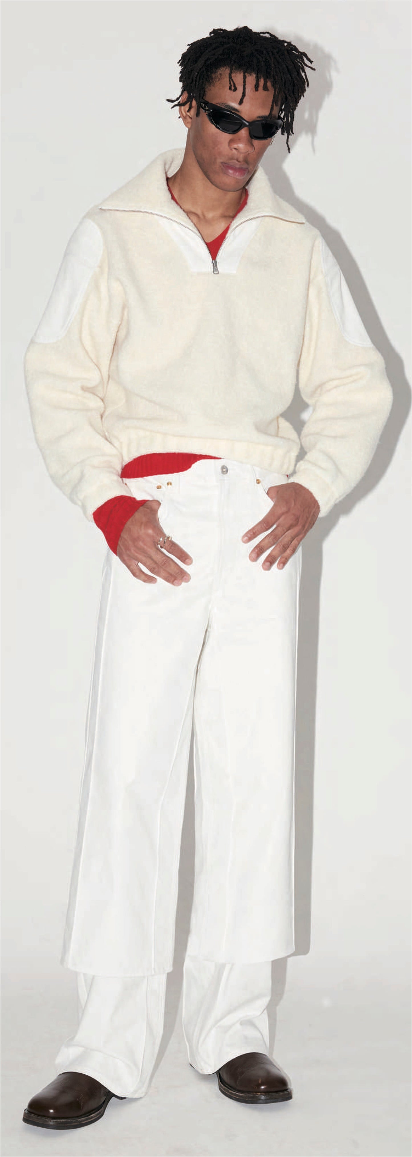 White Strong Arm Furry Padded Zip sweater